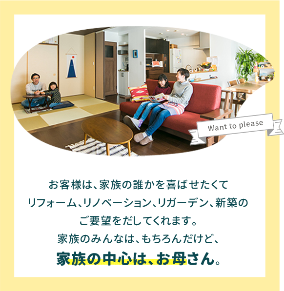 お客様は、家族の誰かを喜ばせたくてリフォーム、リノベーション、リガーデン、新築の注文をだしてくれます。家族のみんなは、もちろんだけど、家族の中心は、お母さん。